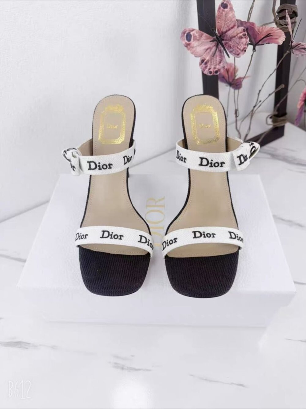 Dior Dway Black White Ribbon Heel Mule Sandals